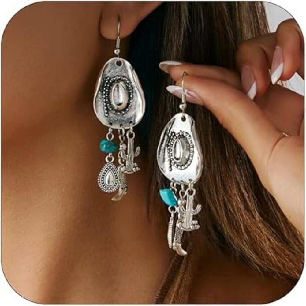 Boho Western Cowgirl Earrings Cowboy Earring Hat‎ Boot Cactus w Turquoise Set